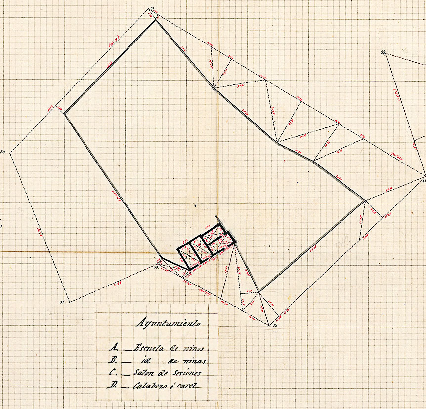 Recorte del plano topográfico del ayuntamiento de Malpica de Tajo (escala 1/5000) del IGE del 29 de mayo de 1882