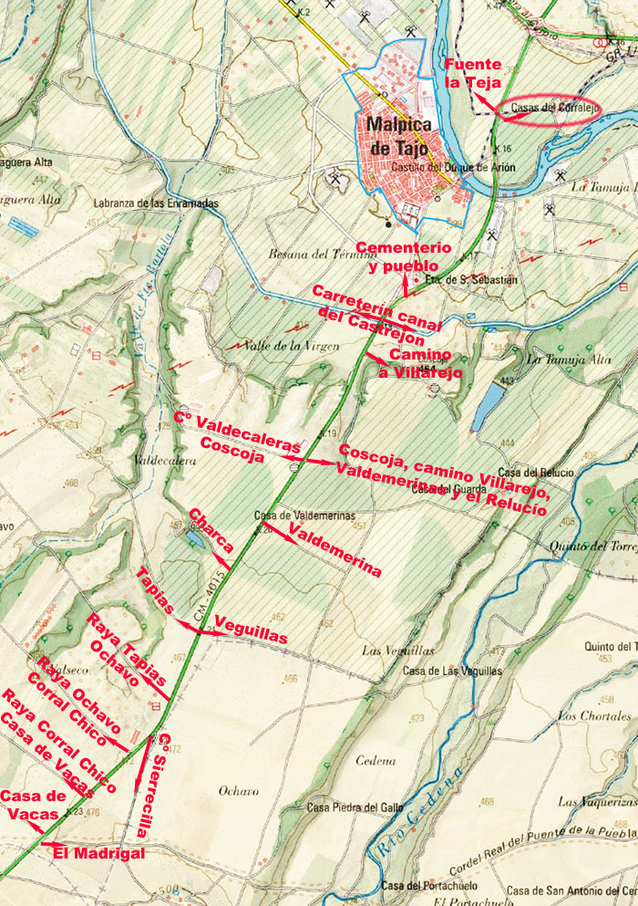 Camino de San Martín de Pusa a Santa Olalla en el mapa de 1952