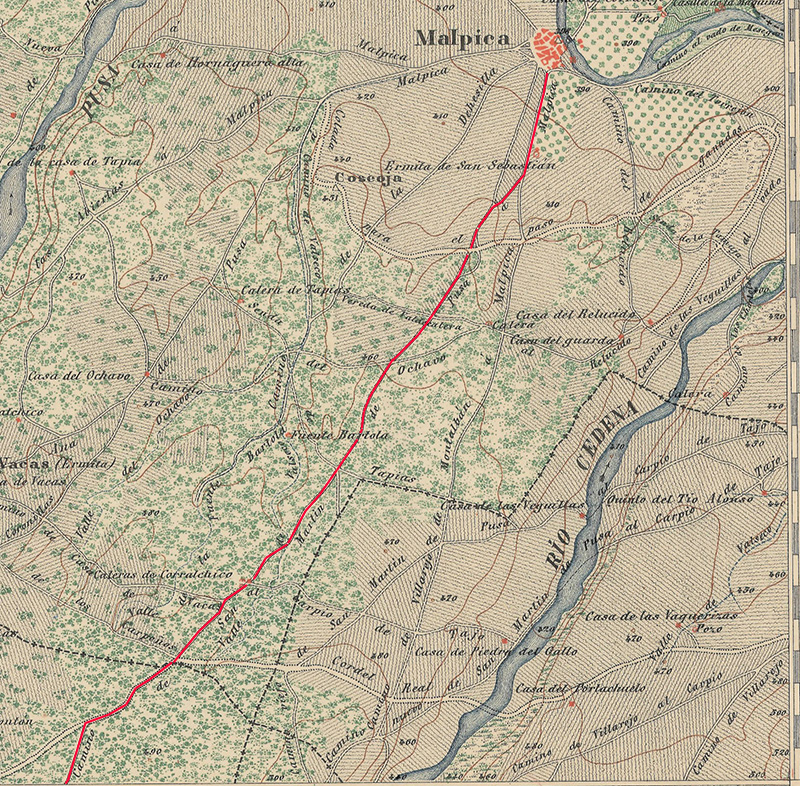 Camino de San Martín de Pusa a Santa Olalla en el mapa de 1885